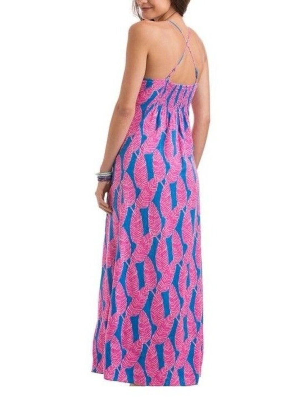 Vineyard Vines Palm Print Maxi Dress Sz 4 Blue Pink Strappy Tropical Boho Summer - Picture 2 of 9